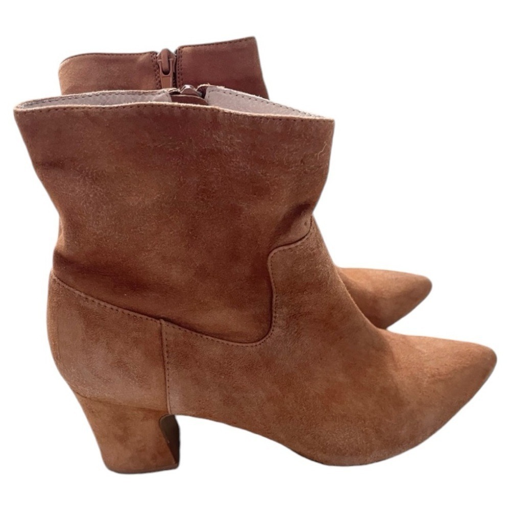 Chinese Laundry Tan Suede Pointed Toe Block Heel Ankle Boots OLV-001B Size 10/41